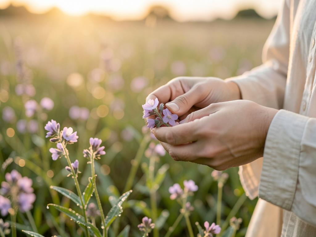 Hände sammeln Blüten auf einer taufrischen Wiese im Morgenlicht