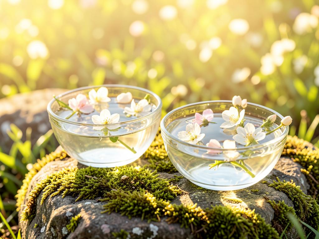 Glasschalen mit Quellwasser und schwimmenden Blüten in der Sonne